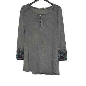 Soft Surroundings Palmer Thermal Embroidered Cuff Henley Waffle Knit Sz MED Boho